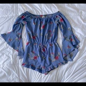 Floral Blue Off Shoulder Romper, Size Medium